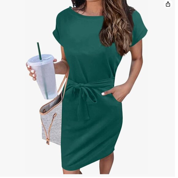 💥Casual Tie Waist Crew Neck Short Sleeve T Shirt Dress - Picture 1 of 4